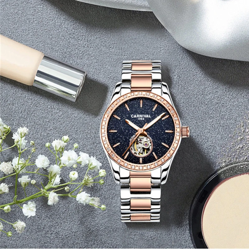 CARNIVAL Luxus Automatische Mechanische Frauen Uhren Mode Diamant Damen Starry Sky Uhr Wasserdichte Weibliche Uhr Für Geschenk_voghion.com