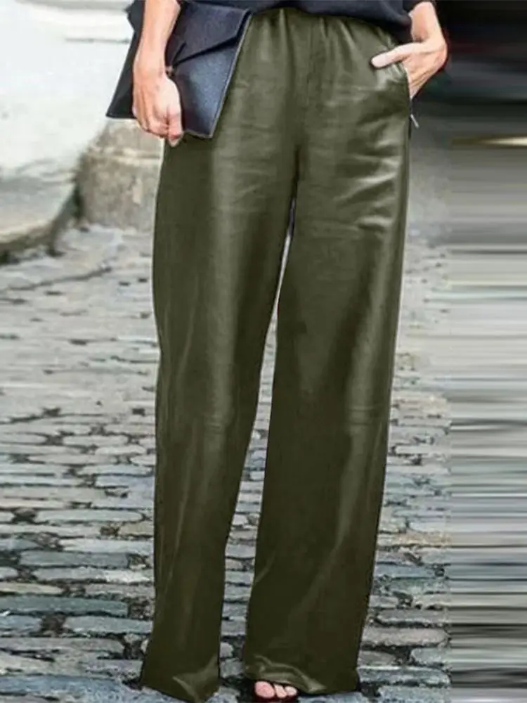 Zanzea Moda Pu Pantaloni Da Donna In Pelle Autunno Ol Pantaloni A Gamba Larga Palazzo Casual Solid Bottoms Femme Work Pantalon Oversize