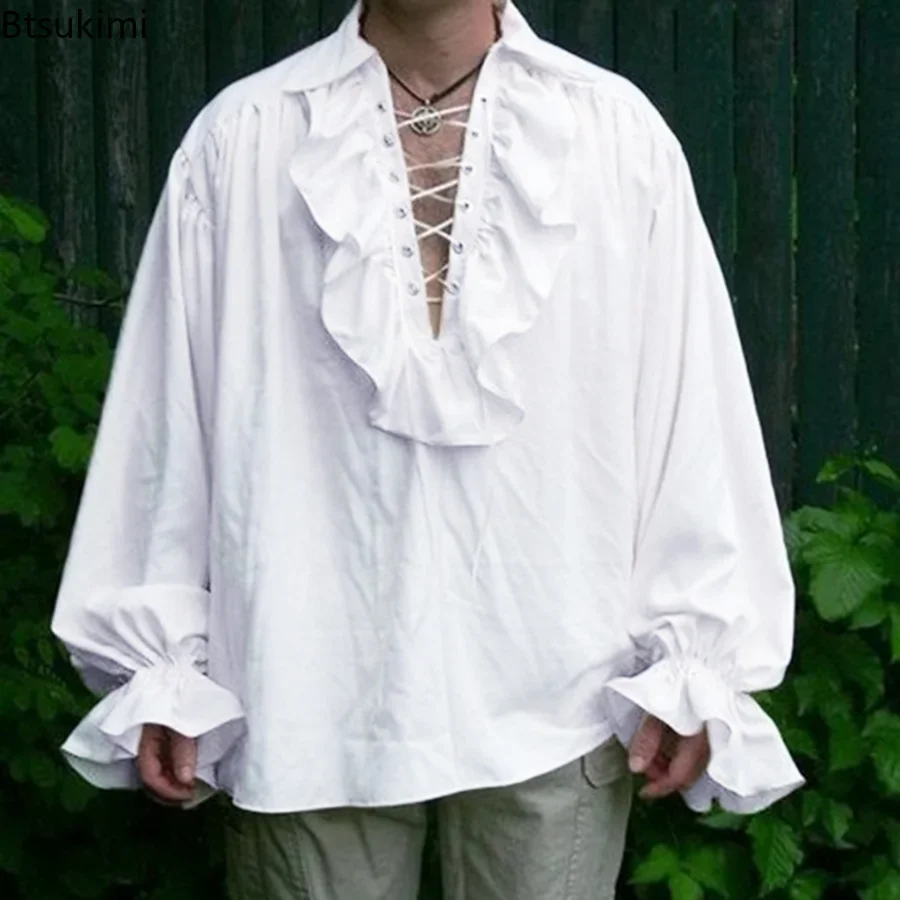 Costume rinascimentale da uomo Ruffled manica lunga Lace Up camicia da pirata Steampunk medievale Cosplay Prince Drama Stage Costume Tops - immagine 5