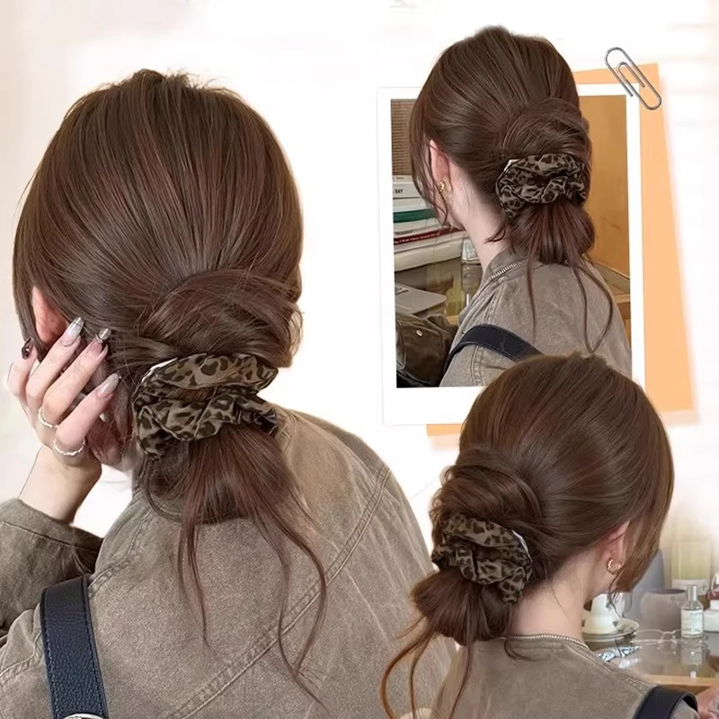 Synthetic Messy Hair Bun Wig Hair Extensions Claw Clip Updo Hairpiece with Leopard Print Hair Tie for Women Daily Use Low Updo