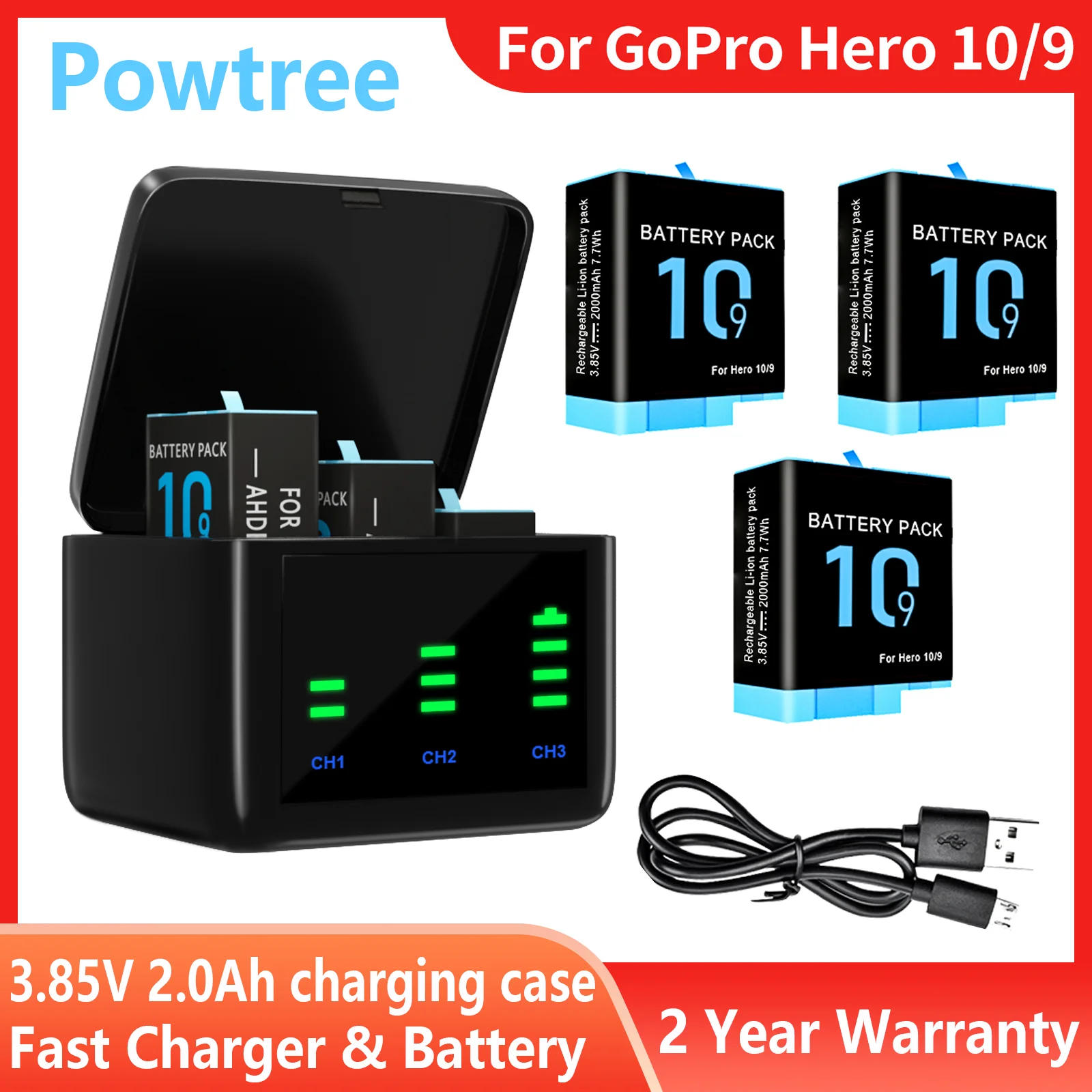 Bateria para Gopro Hero 10 Li-ion 3.85v 2000mah Case de Carregamento Inteligente Recarregável Esportes Ação Câmera Bateria Chargeraccessorie