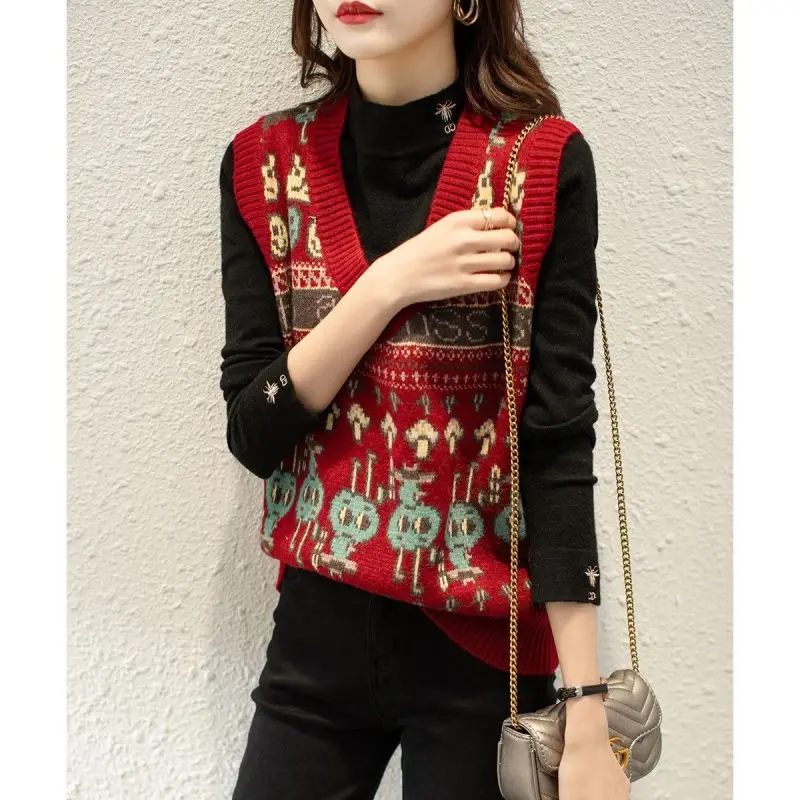 Autumn Winter New Fashion Printing High Street Sleeveless Sweater Vest Women High Street Casual Loose Embroidered Chic Pullover