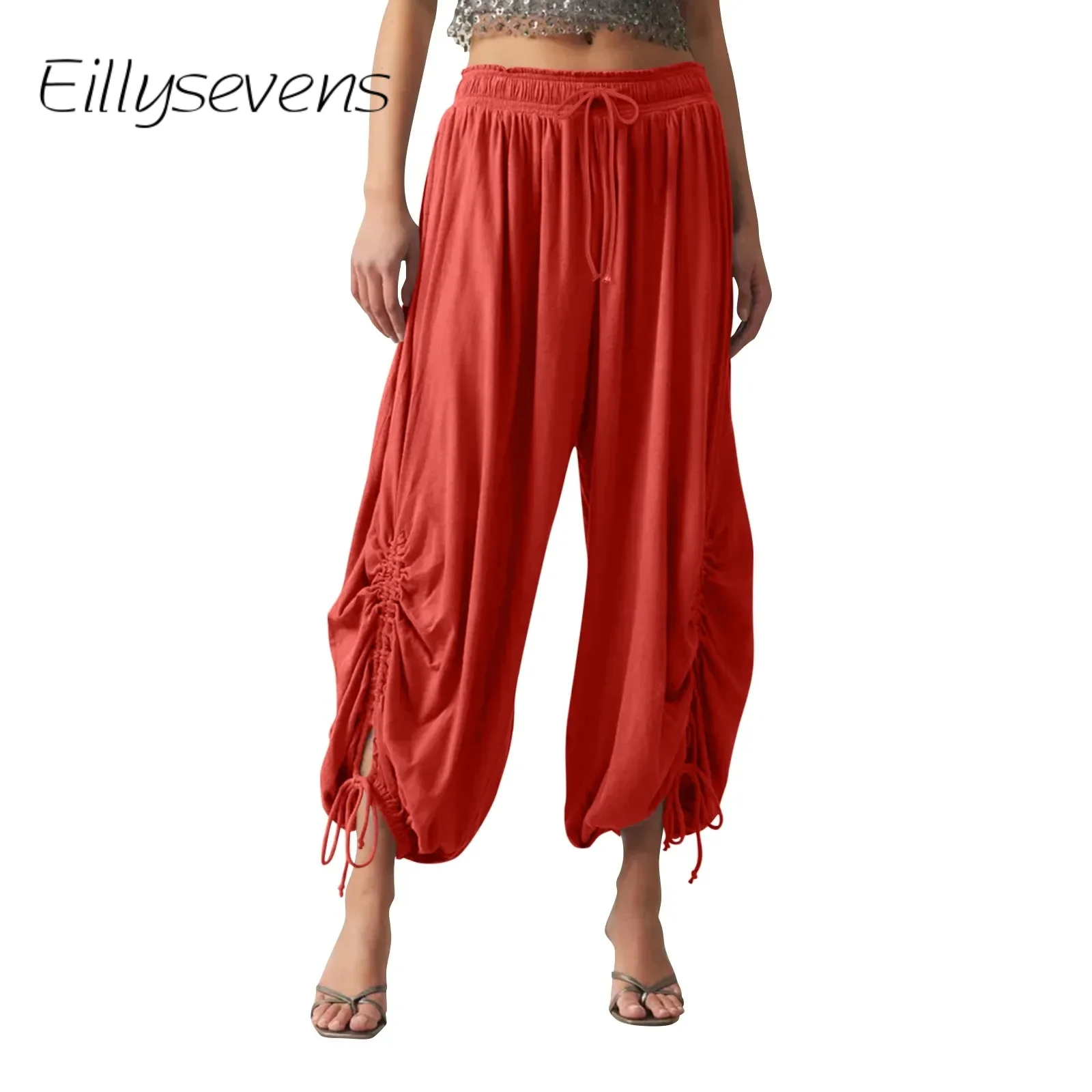 

Женские модные однотонные брюки с карманами, свободные брюки с высокой талией, Спортивные Повседневные укороченные брюки на шнуровке, 2024