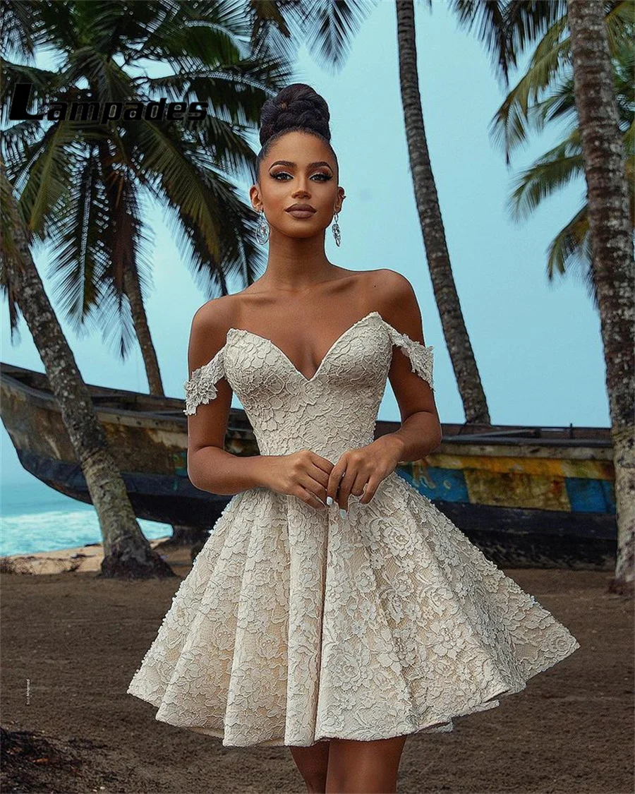 Off the Shoulder Champagne Lace Mini Cocktail Dress Vestidos Para Se&ntilde;oras De 50 A&ntilde;os Elegantes Dress For Wedding Guest evening dresses cocktail dress