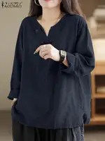 ZANZEA Autumn Women Vintage Cotton Blouse Fashion Solid Loose Shirt Work Tunic Blusas Mujer 2024 Female V Neck Long Sleeve Tops - Image 3