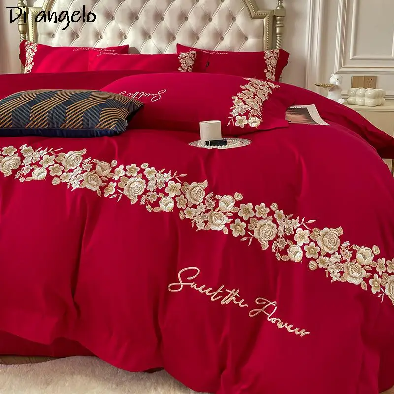 

Luxury High End Embroidery 600TC Egyptian Cotton Bedding Set Red Wedding Gift Giving Duvet Cover Bed Sheet Flat Sheet #/L