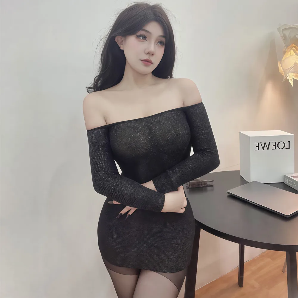 Slash Neck Frauen Nachtwäsche Porno Spitze Unterwäsche Schwarz Mini Nacht Kleid Erotische Dessous Babydoll, Figurbetontes Kleid Nacht Party Tragen
