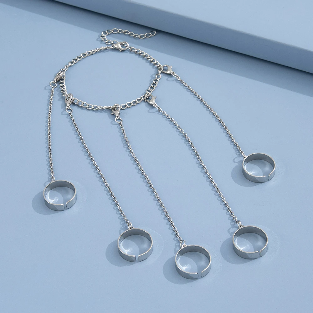 Ins Style Hiphop Punk Silver Color Ring & Bracelet Combo Five Finger Connected Mitten Rings For Women Daily Wear Or Party 1Pc finger ring,silver ring,jewelry accessories,ring set