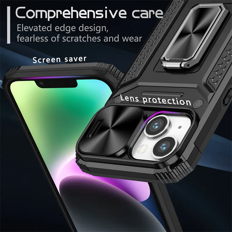 For Funda iPhone 15 Pro Case iPhone 15 Pro Max 15 Plus Cover Slide Camera  Lens Protection Armor Ring Kickstand Phone Back Cover - AliExpress