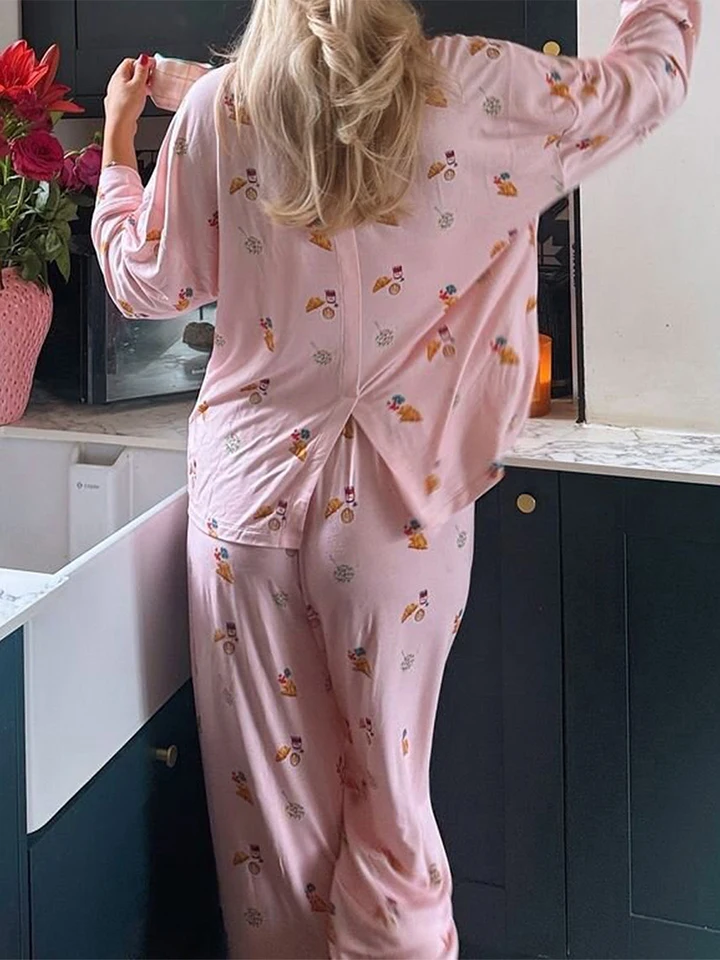Pigiama Donna 2 Pezzi A Maniche Lunghe Con Bottoni – Cotone Morbido Con Stampa A Cuore, Per San Valentino E Relax