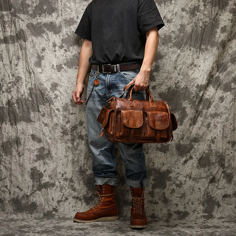 

Distressed Cognac Genuine Leather Handmade Handbags business briefcase laptop shoulder bag Travel Crossbody Bags Gift For Men