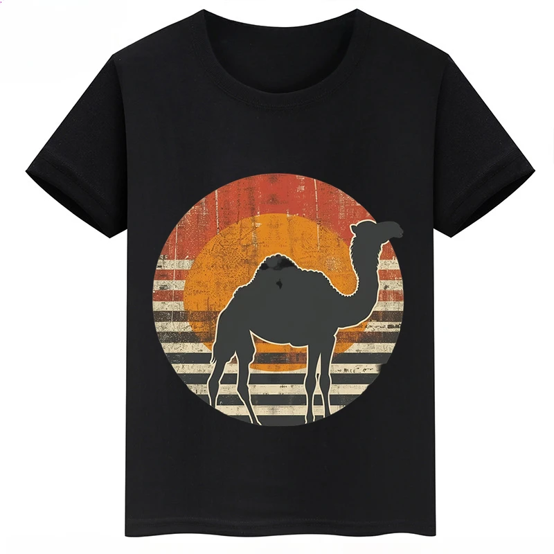 thumbnail image 1 of Ropa infantil con estampado de dibujos animados de camellos, camisetas negras de manga corta de verano para niños, camisetas de algodón personalizadas para niños y niñas, 1 of 5