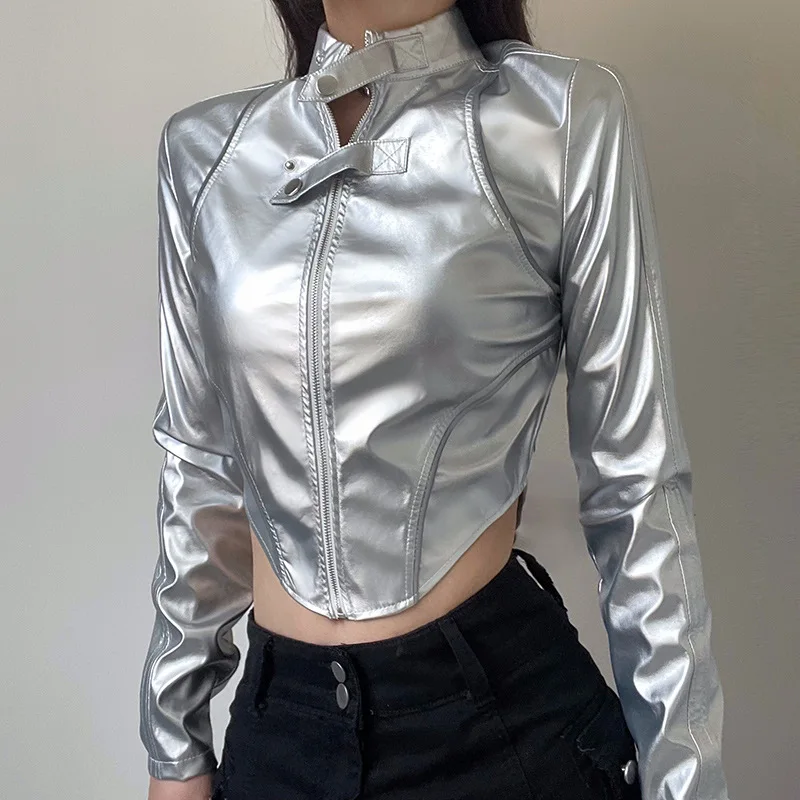 

Reflective Leather Jacket Stand Neck Irregular Hem Short Exposed Navel Spicy Girl Style PU Leather Jacket