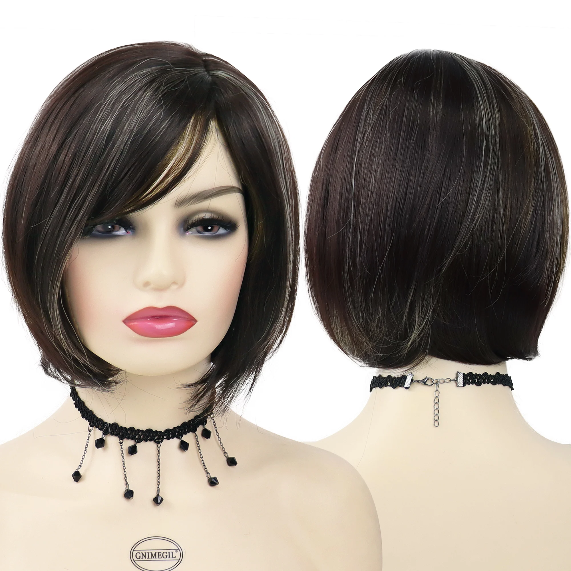 

GNIMEGIL Synthetic Short Bob Wig with Bangs for Women Mix Brown Wigs Highlights Hairstyles Cute Bobs Haircut Mommy Wig Lady Hair