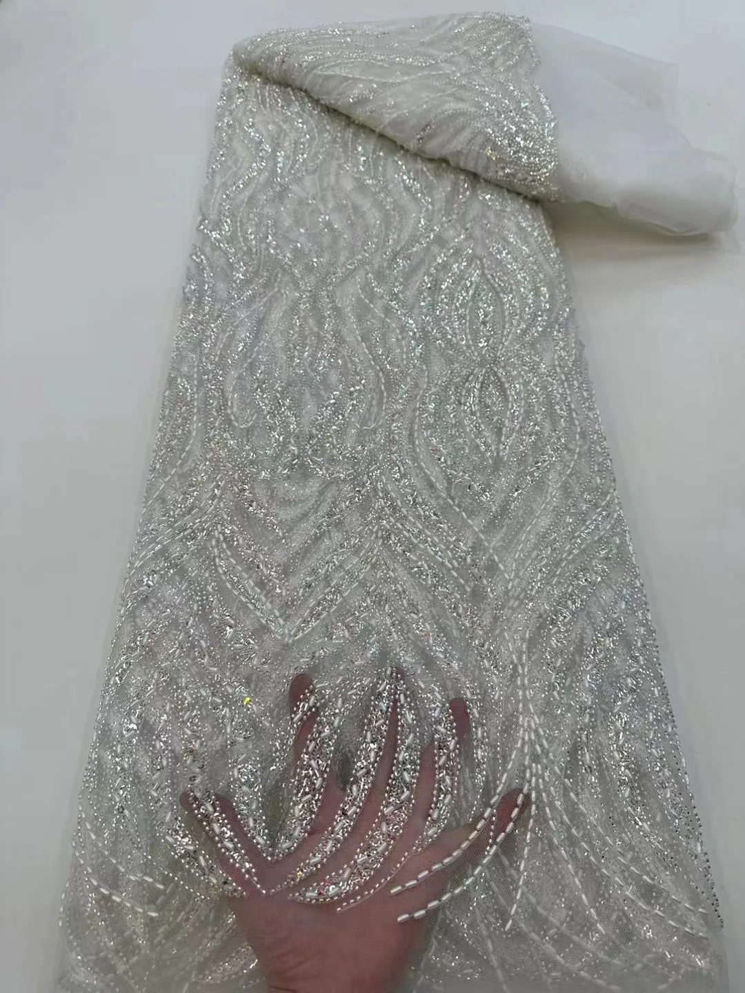 Branco Africano lantejoulas rendas tecidos, bordado francês, frisado tule nigeriano, vestido de casamento Material, alta qualidade, 2023