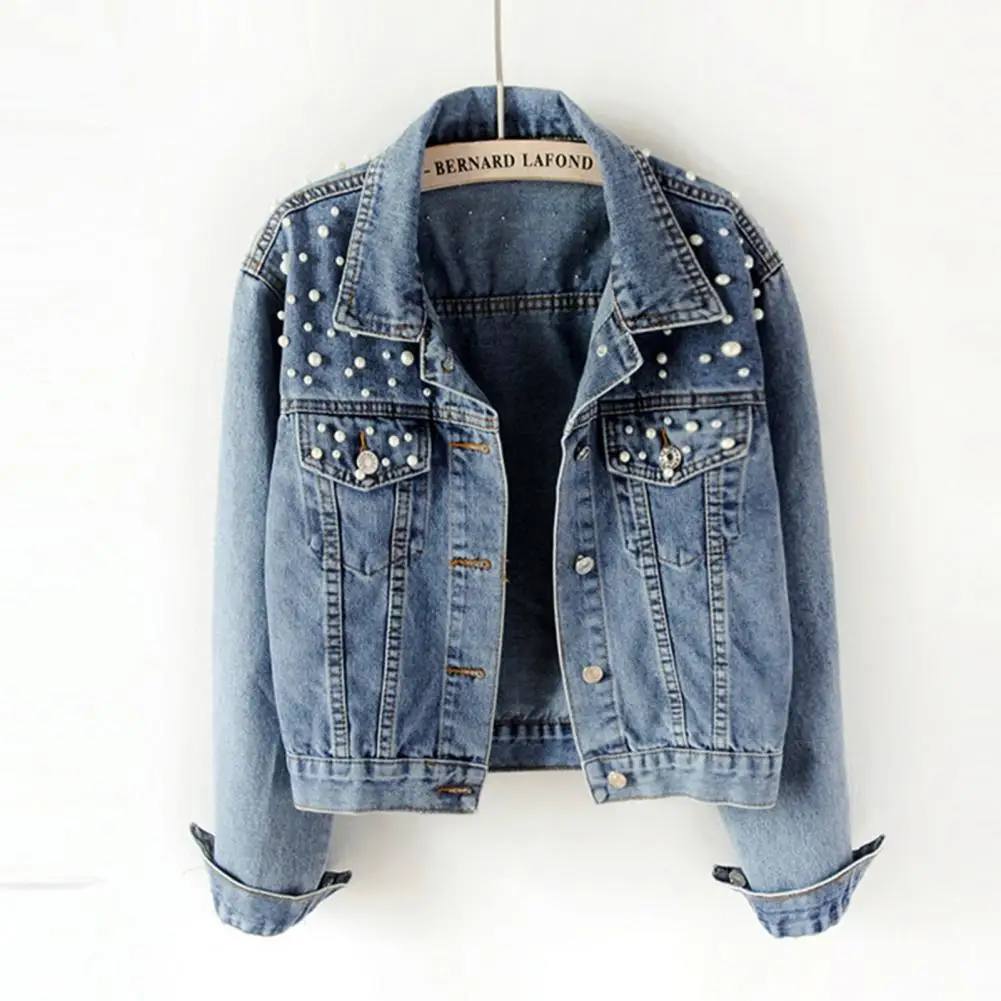

Imitation Pearl Women Denim Jacket Solid Color Single-breasted Short Beads Decor Long Sleeves Cardigan Jeans Jackets Women Coat