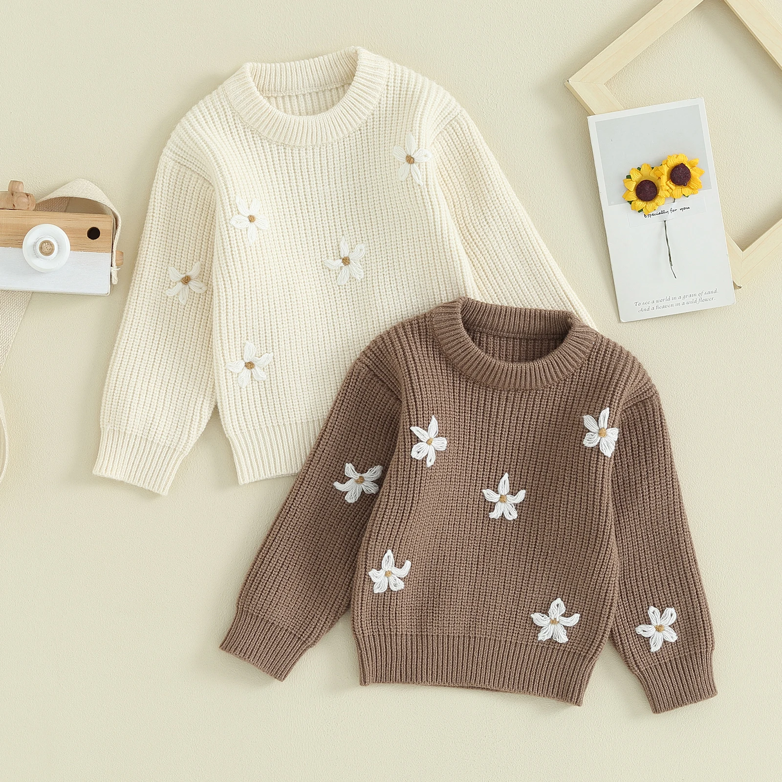 

Baby Girls Autumn Winter Pullover Knitted Sweaters Long Sleeve Crewneck Daisy Print Knitwear Baby Winter Flower Sweater Clothes