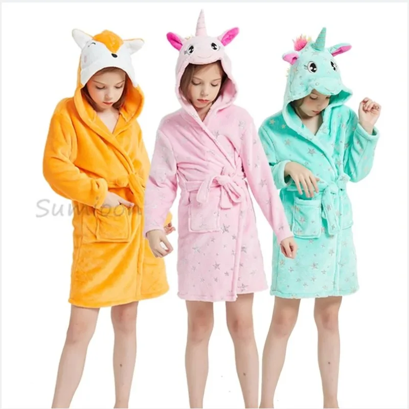 

Kigurumi Fox Children Bathrobe Bath Robe Autumn Winter Animal Unicorn Hooded Pajamas For Boys Girls Towel Robes Kids Nightgown