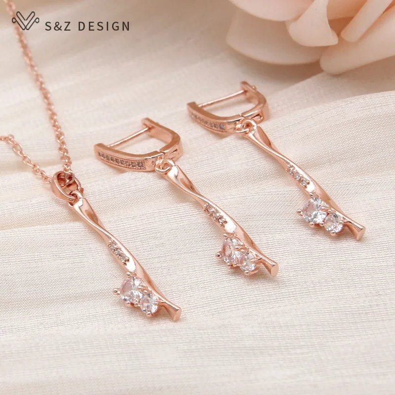 S&Z DESIGN New Fashion Long Spiral Round Cubic Zirconia Dangle Earrings For Women Trendy 585 Rose Gold Color Jewelry Gift