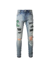  New Arrivals Men's Light Blue Streetwear Fashion Slim Fit Embroidered Snake Pattern Skinny Stretch Destroyed Holes Ripped Jeans 