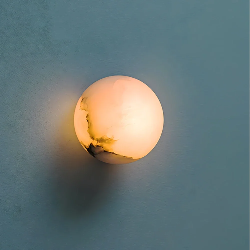 Spanish Marble Wall Light Background Luxury Round Ball Bedroom Bedside LED Pure Copper Wall Lamp Indoor Decor Alabaster Lighting