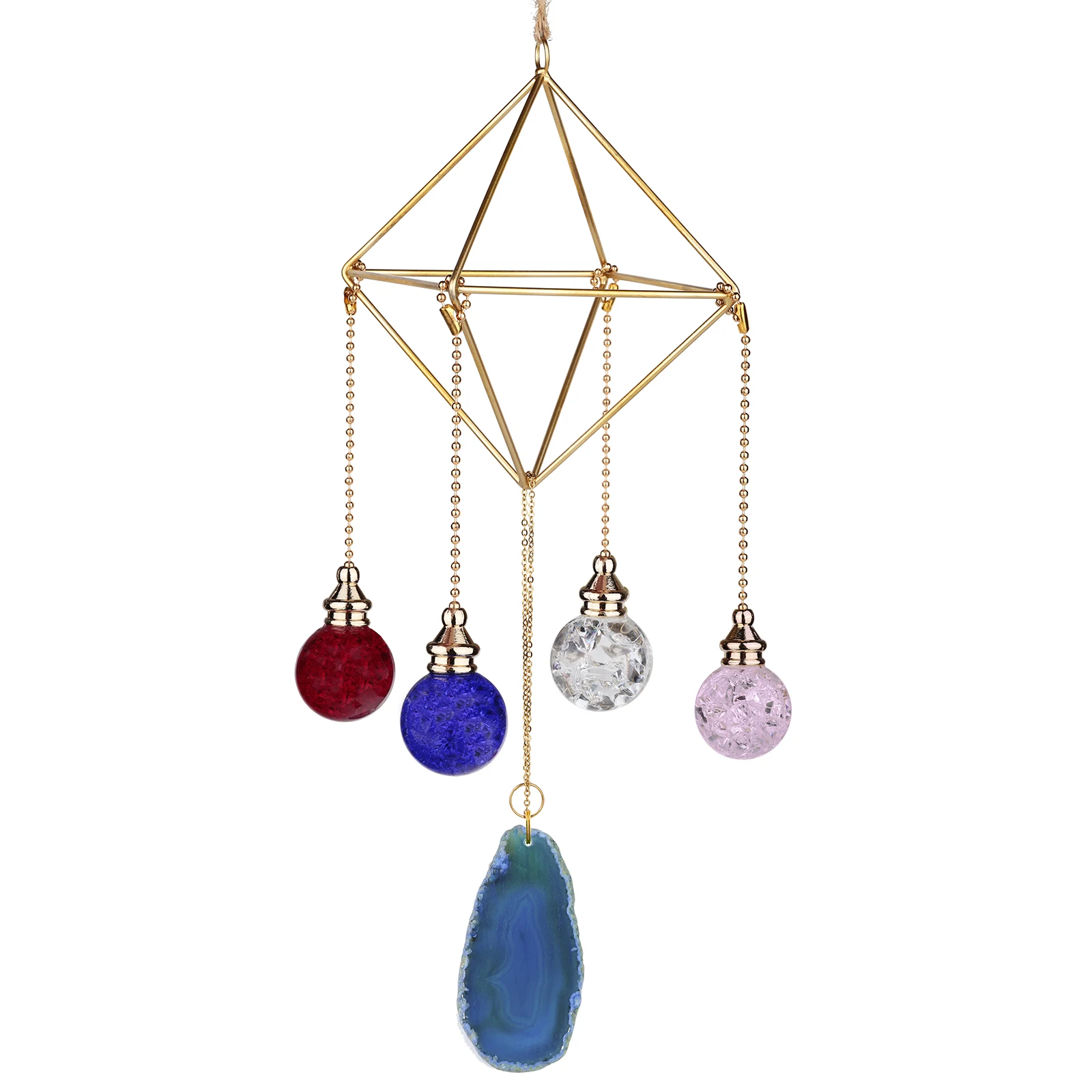 Metal Geometric Hanging Air Plant Holder With Agate Slices Wind Chimes Colorful Crystal Ball Hanging Ornament For Home Decor