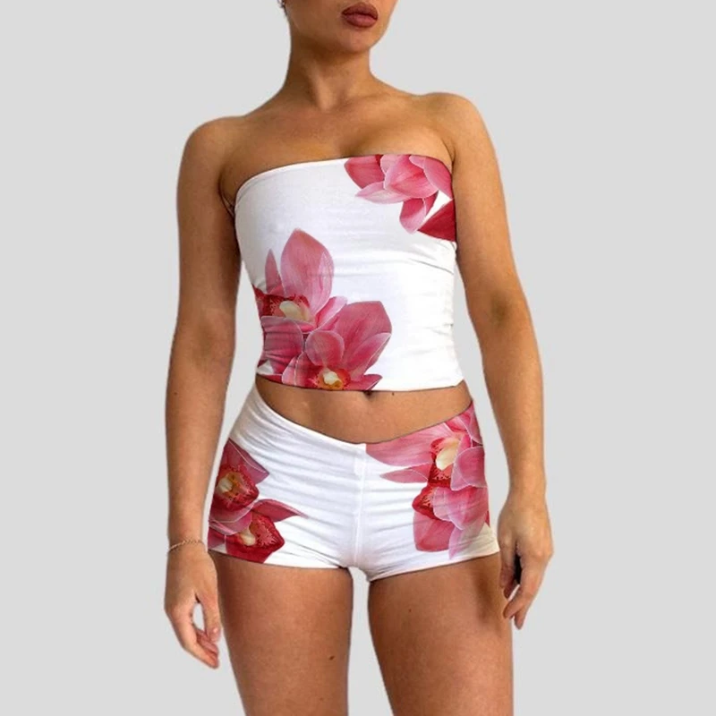 Beach Vacation Lounge Oufits 2 Pice Set Flower Print Strapless Crop Tube Tops Bandeau + Skinny Mini Skirt Wrap Bodycon Women
