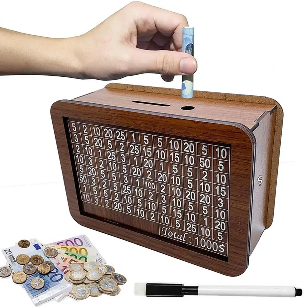 Wooden Money Box with Counter Marker Pen Vintage Piggy Bank Numbers Coin Cash Container Money Saving Challenges Box 2