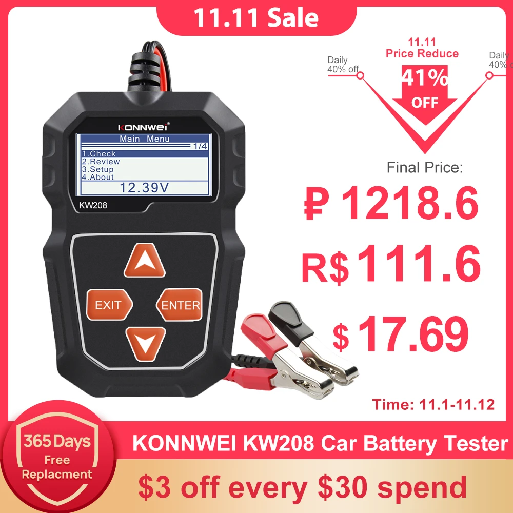 For KONNWEI KW208 Car Battery Tester 12V 100 To 2000CCA Cranking ...