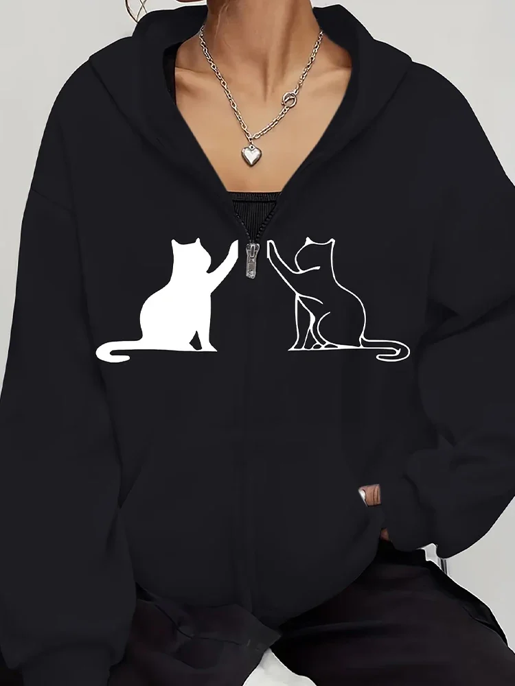 Harajuku Women's Sweatshirts Long Sleeve Zip-Up Casual Jacket with Cat Prints, Suitable for All Seasons Women'S Apparel Hoodie