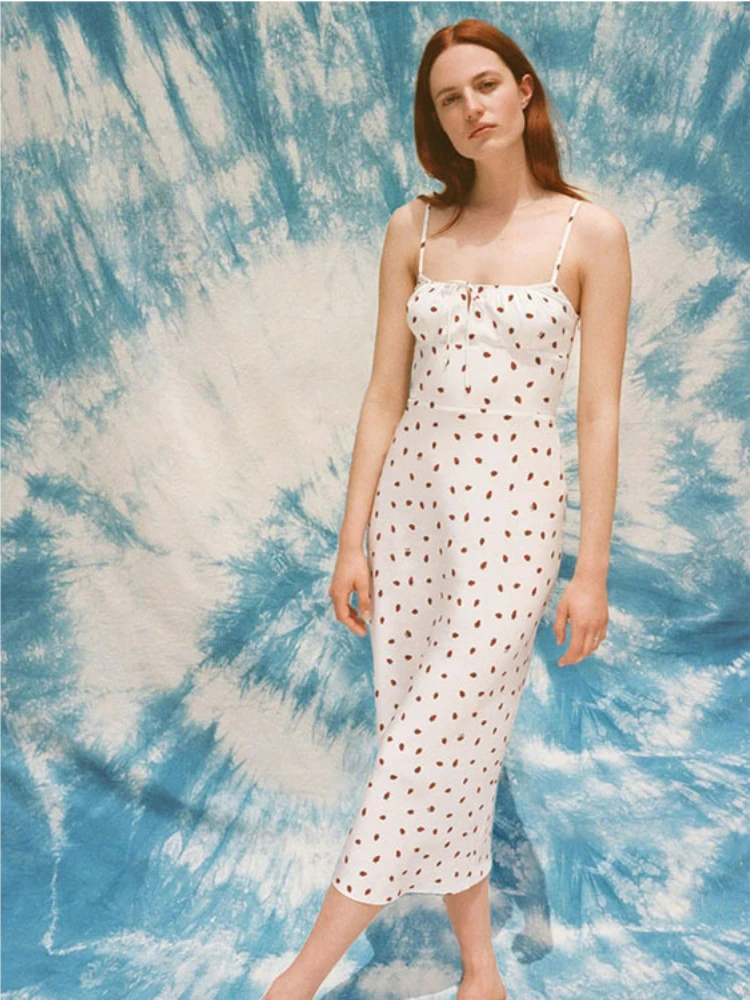 

2023 Summer New Dress Women Mulberry Silk Strawberry Print Sling Dress