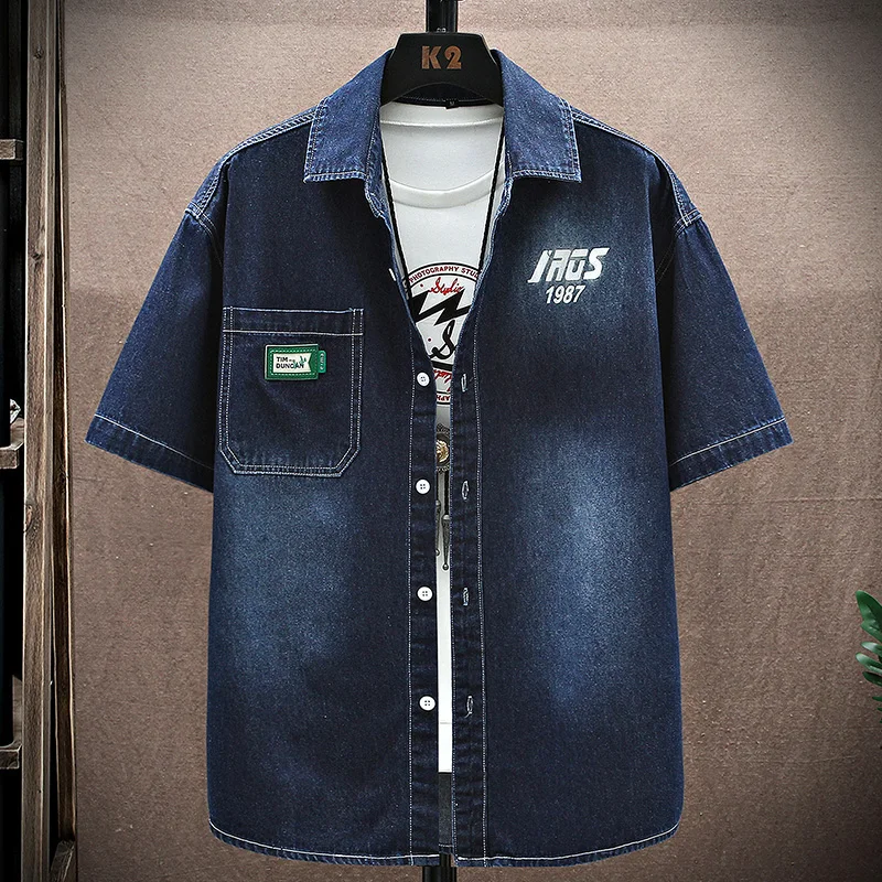 New Summer Men's Blue Denim Shirts Short Sleeve Jean Shirts High Quality Men Cotton Light Blue Denim Shirts Clothing Size M-3XL