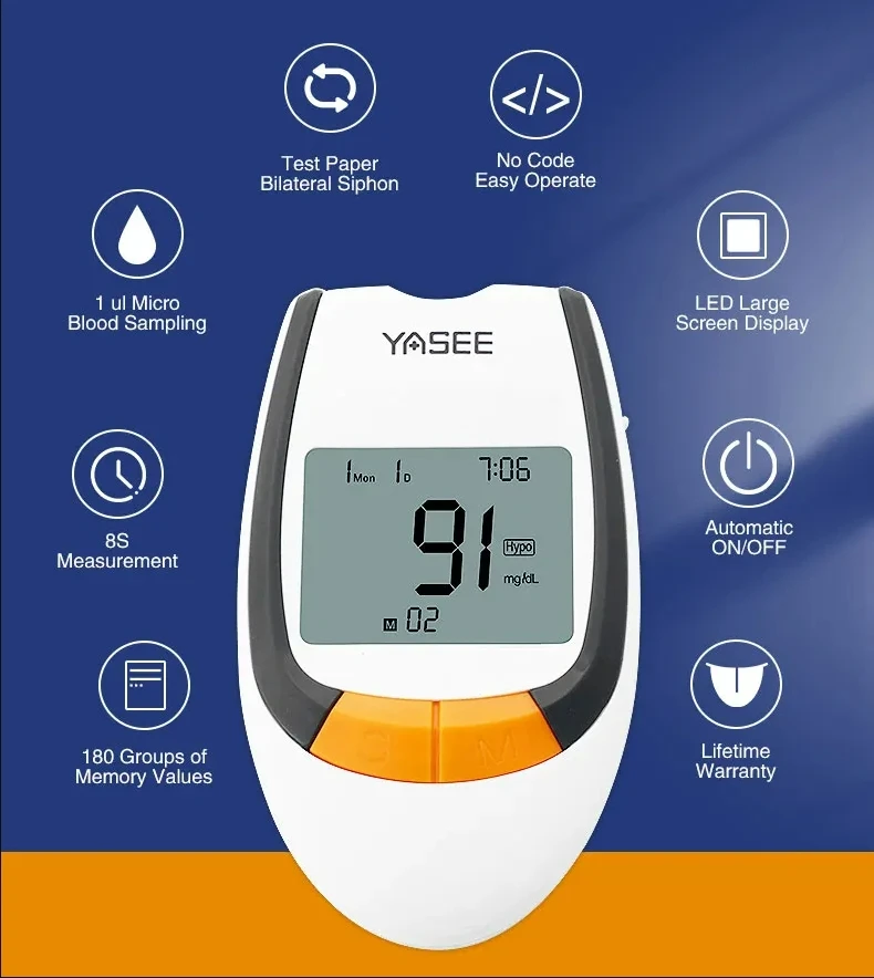 YASEE GLM-77 Blood glucose meter Monitor Kit Test Strip Lancet Medical Diabetes testing Sugar measuring device checking blood