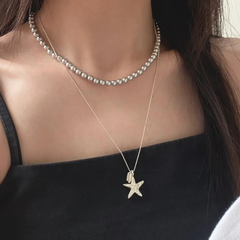 Simple Fashion Starfish Necklace for Women Inche Texture Pentagram Layered Collarbone Chain Necklaces Jewelry
