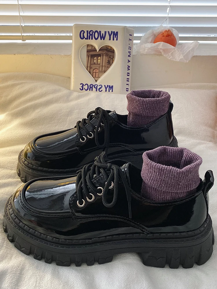 

Женская обувь на платформе, женские туфли-оксфорды, осенняя универсальная черная классическая кожаная обувь в британском стиле на плоской подошве в стиле преппи для осени