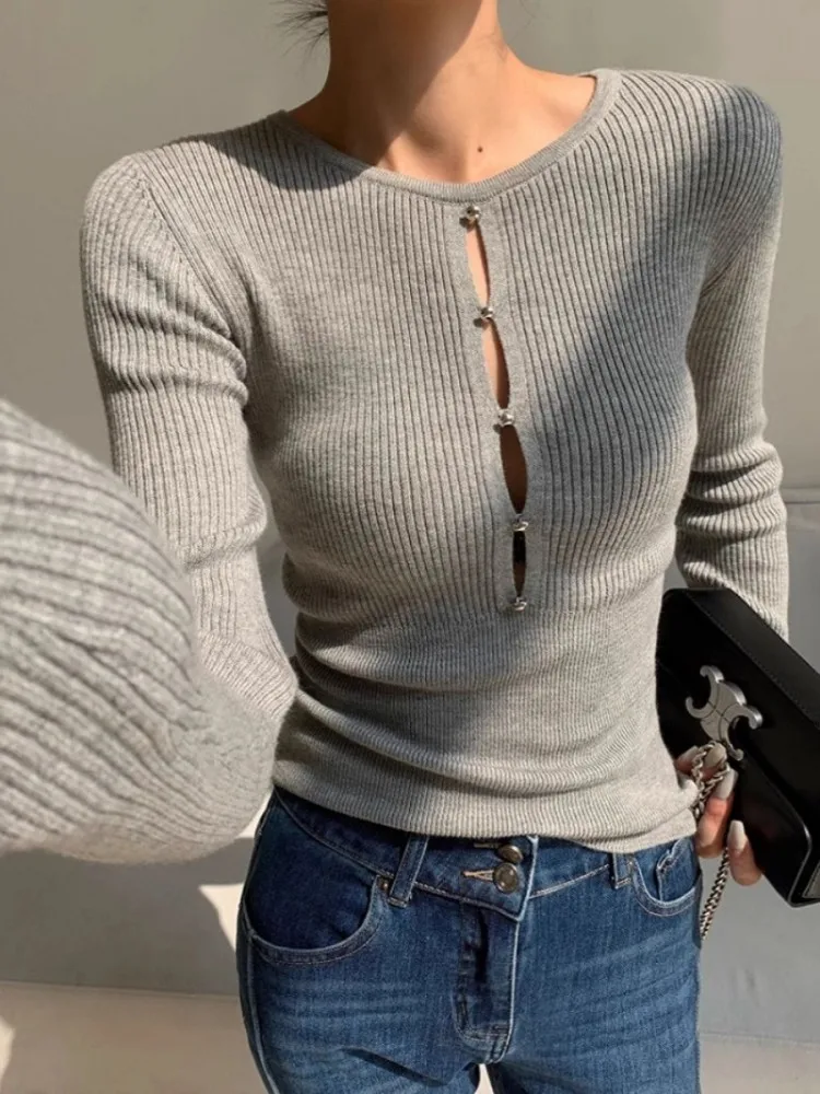 

Grey Design With A Base Knit Sweater For Women'S Spring And Autumn New Tight Fitting And Slimming Style Sweater