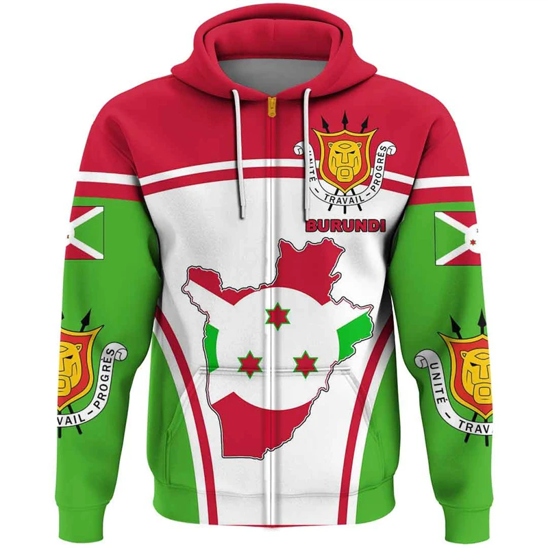 

Burundi Flag Map 3D Print Zip Up Hoodie For Men Casual Boy Tracksuit National Emblem Pullovers Africa Country Hoody Sweatshirts