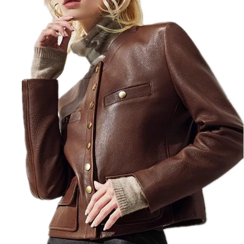 

Fashion New Pu Leather Jacket Women O-neck Single Brasted Autumn Winter Outwear Office Lady