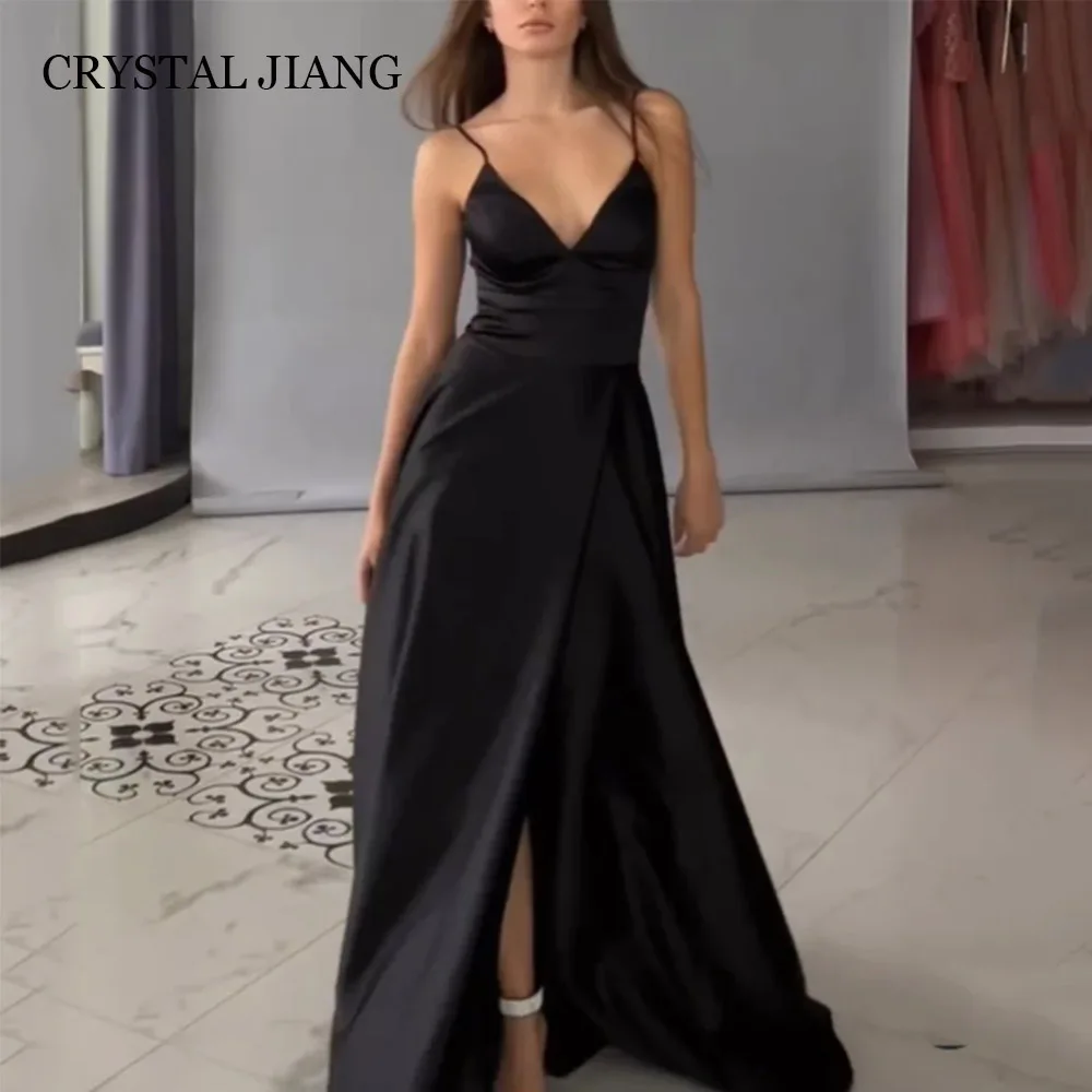 

Sexy Long Black Spaghetti Straps Satin Evening Dresses Sleeveless with Slit A Line Sweep Train فساتين للمناسبات الخاصة