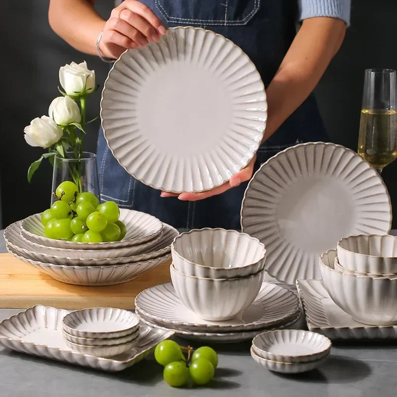 White Chrysanthemum Shaped Dinner Ceramic Sets Bowl Plates Dish Porcelain Dinnerware For Set Household Hotel