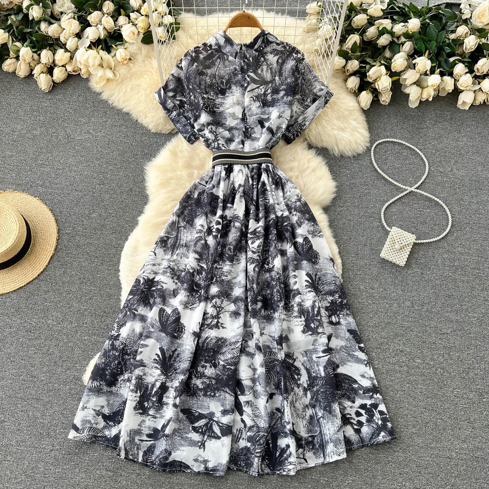 Vintage Tie Dye Print Shirt Dress Women Elegant Summer High Waist Slim A Line Printed Chiffon Long Robe Ladies Casual Long Robe