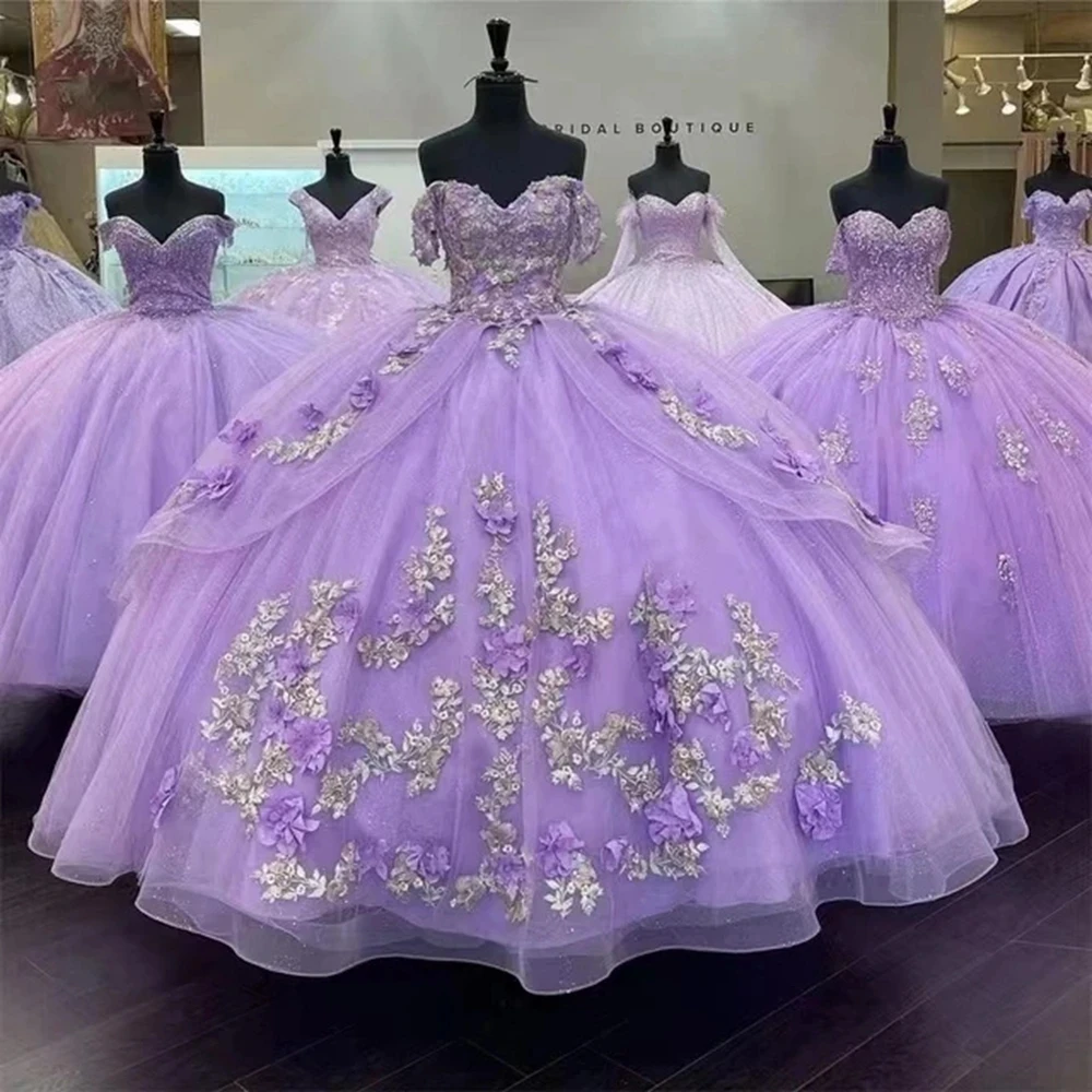 

Angelsbridep, сиреневое бальное платье, платья Quinceanera с открытыми плечами и цветочной аппликацией, Платья для вечеринок Xv лет