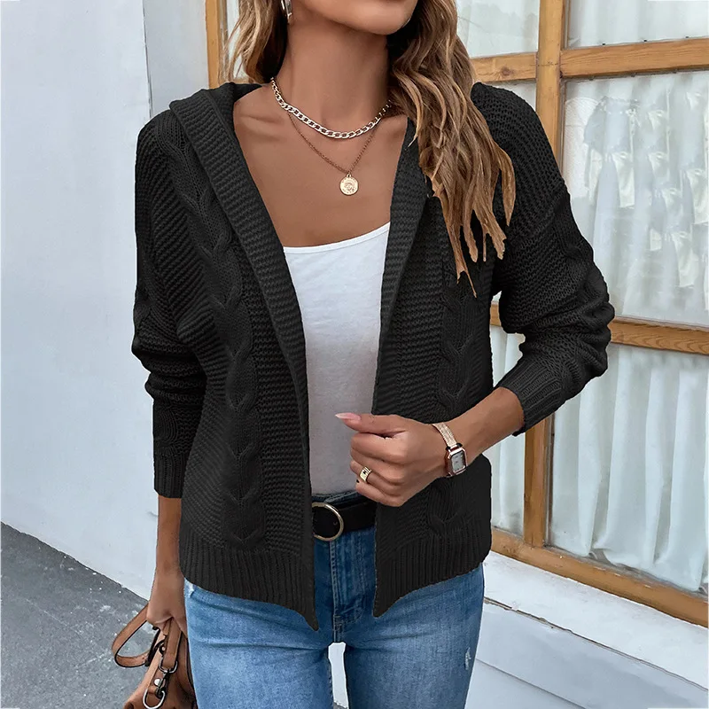 

Women's Knitting Cardigan Coat Sweater Autumn/Winter 2023 Solid Hooded Fried Dough Twists Sweaters Lady Tops