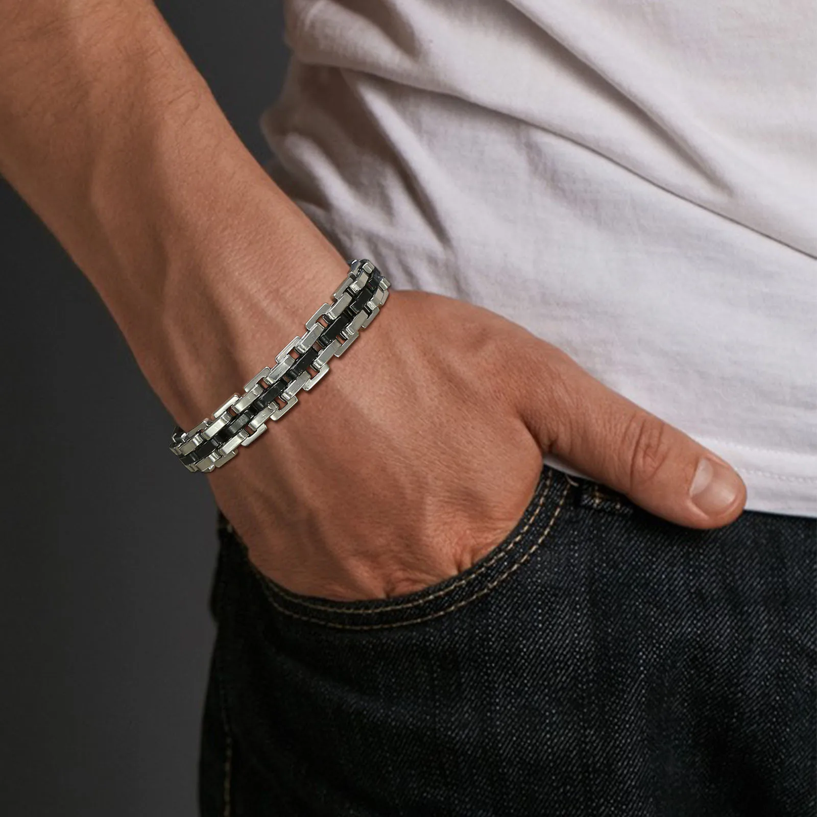 Vnox 11mm Watchband Shaped Chain Bracelet for Men Teens Boys,Strap Chain Bracelets, Black Silver Color Stainless Steel Wristband - Image 3
