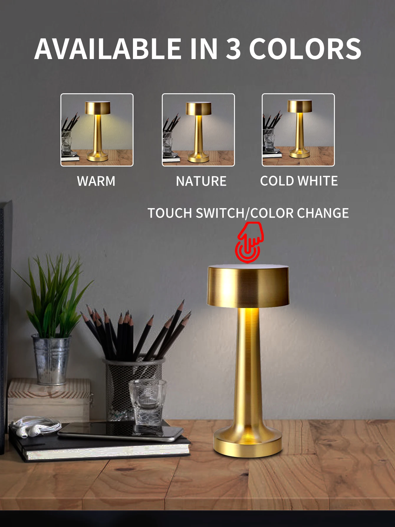 휴대용 금속 LED 데스크 램프, 터치 센서 포함, 3 색 온도 디밍, 충전식 침실, 침대 옆 램프, 바