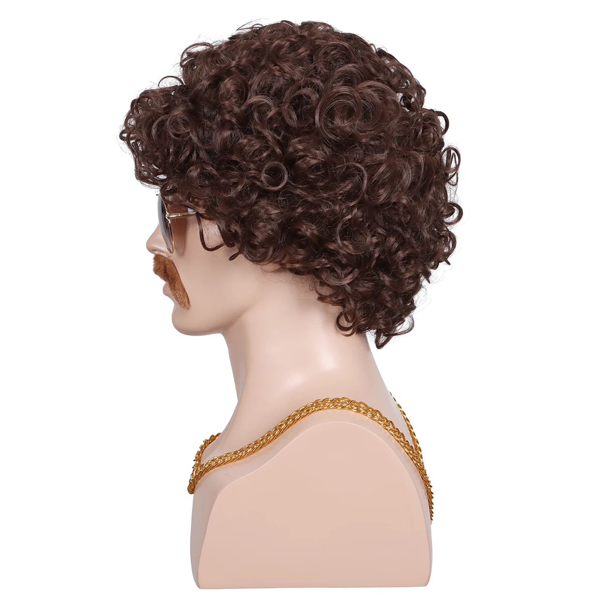 4-Pieces Chain and Moustache and Sunglassand Short Curly Wig for 70'S Disco Party (Brown with Blonde(3 Pieces Set)) funny mens halloween costumes