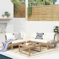 4 Piece Acacia Wood L-Shaped Outdoor Sectional Sofa Set with Built-in Side Table and Cream White Cushions, Conversation Set 1