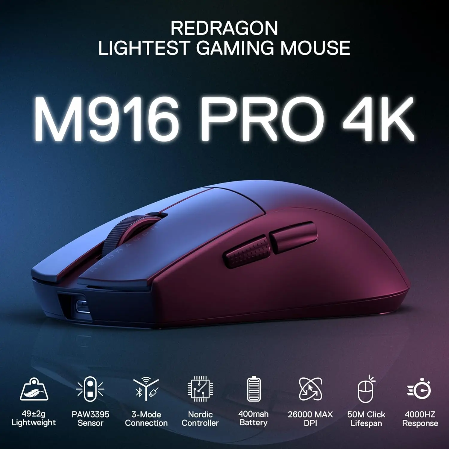 Redragon M916 PRO 3-Mode Wireless Gaming Mouse Hype-Speed 4K Polling Rate 49G Ultra-Light 26K DPI Gamer Mouse wireless mouse,gaming mouse,wireless gaming mouse