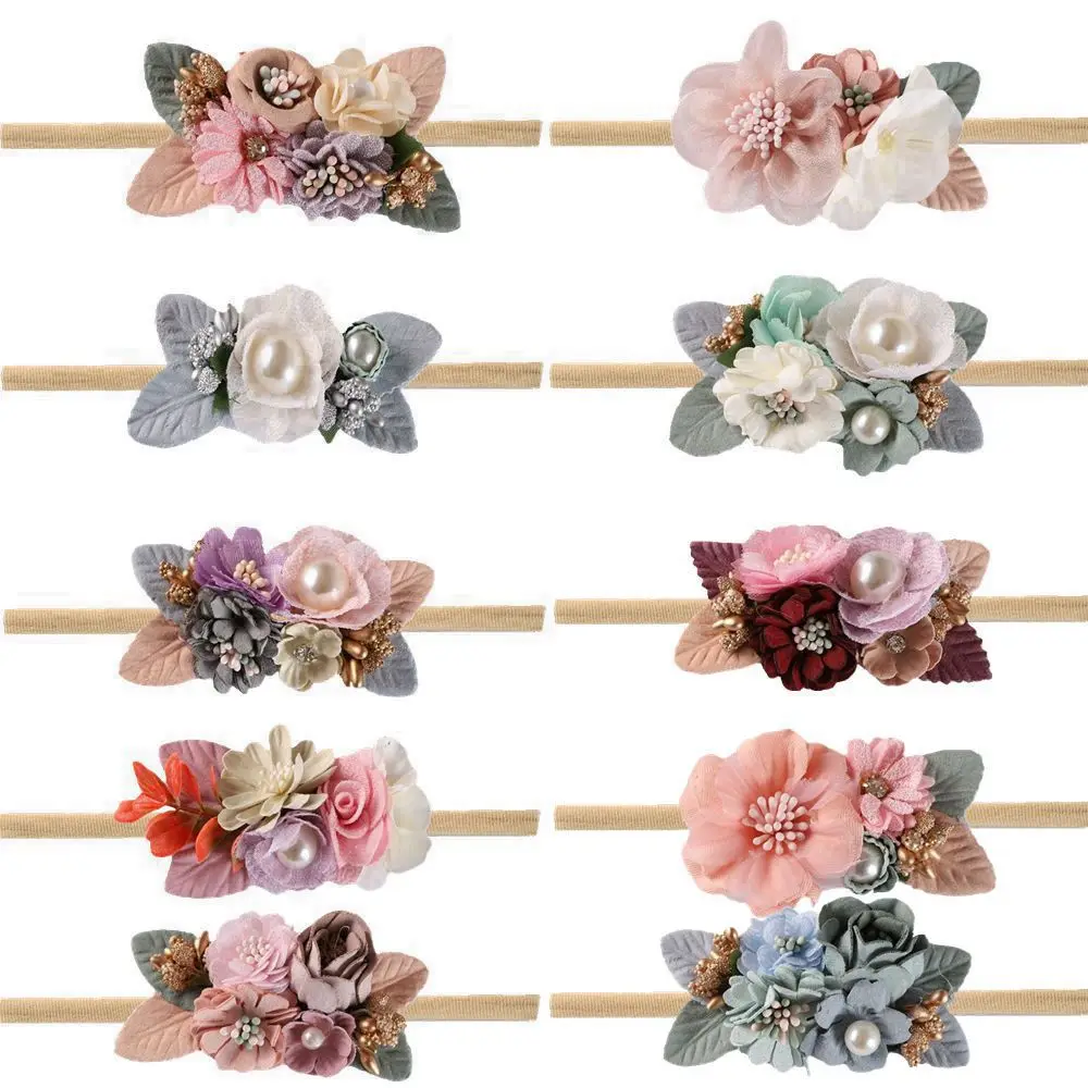 2022 Artificial Flower Baby Headband Newborn Boy Girl Pearl Elastic Nylon headbands Hair Band Child Photography Props Headwraps dvotinst newborn baby boy photography props gentleman outfits romper beret hat bodysuits fotografia studio shooting photo props