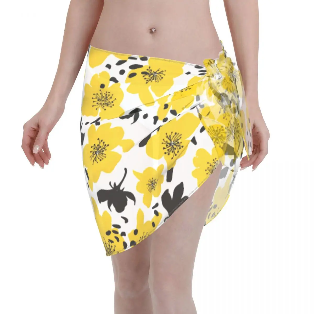 

Yellow Flower Swimwear Pareo Scarf Cover Ups Women Cute Floral Polyester Ladies Skirt Bikini Cover Up